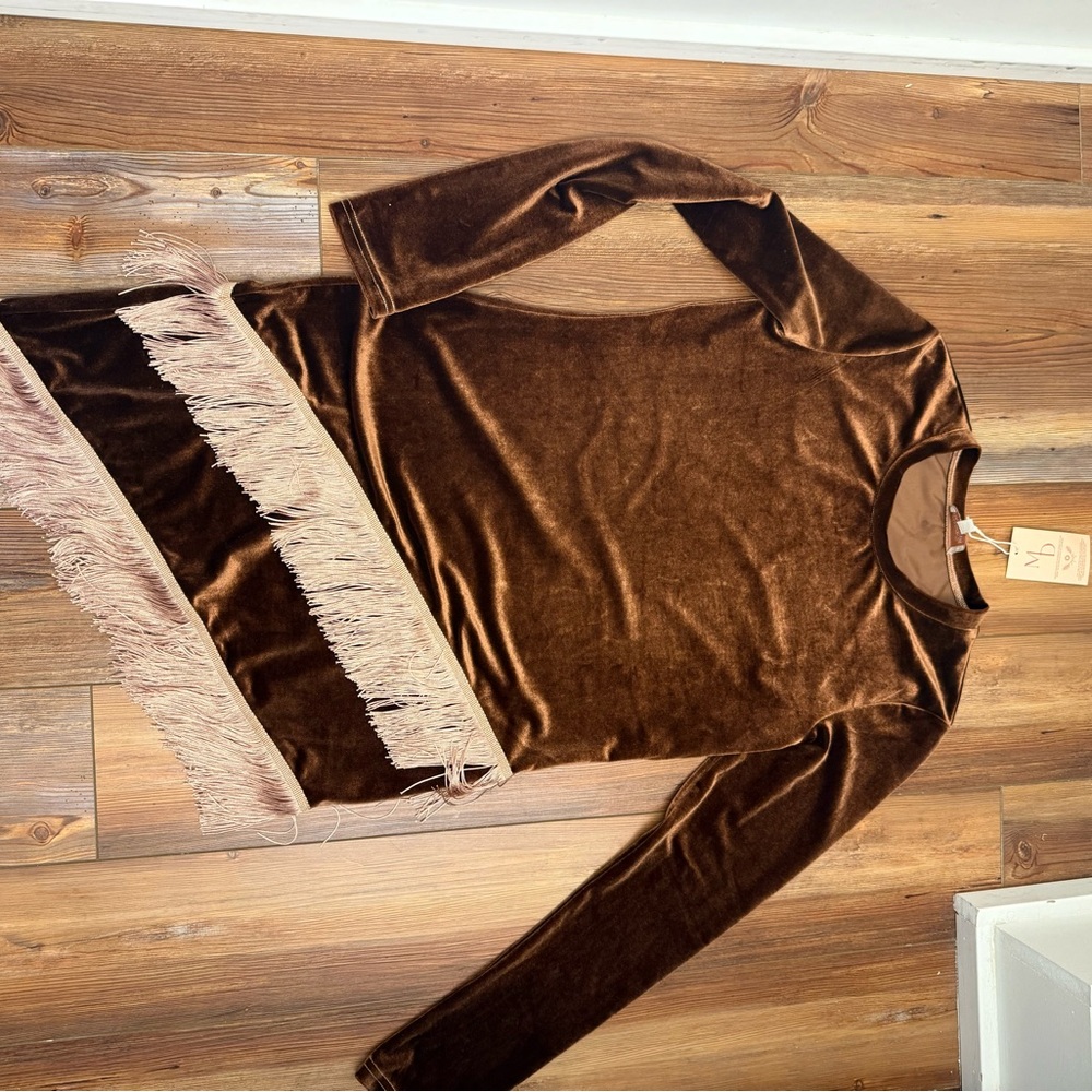 Chic Long Sleeve Brown Velvet with Fringe Dress - Picture 3 of 8